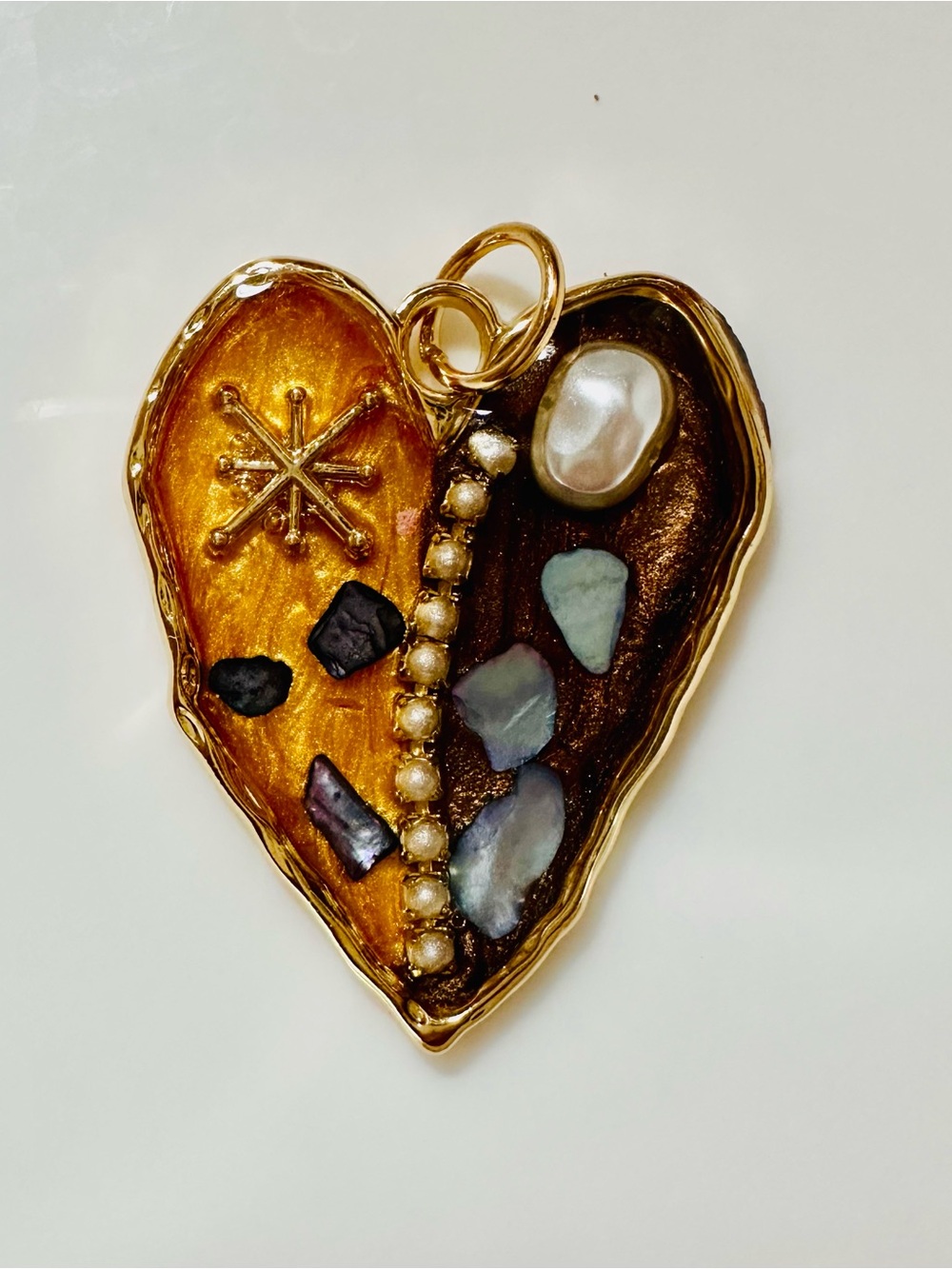 Gold-Tone Heart Pendant Necklace with Pearl and Iridescent Stone Accents - Gold